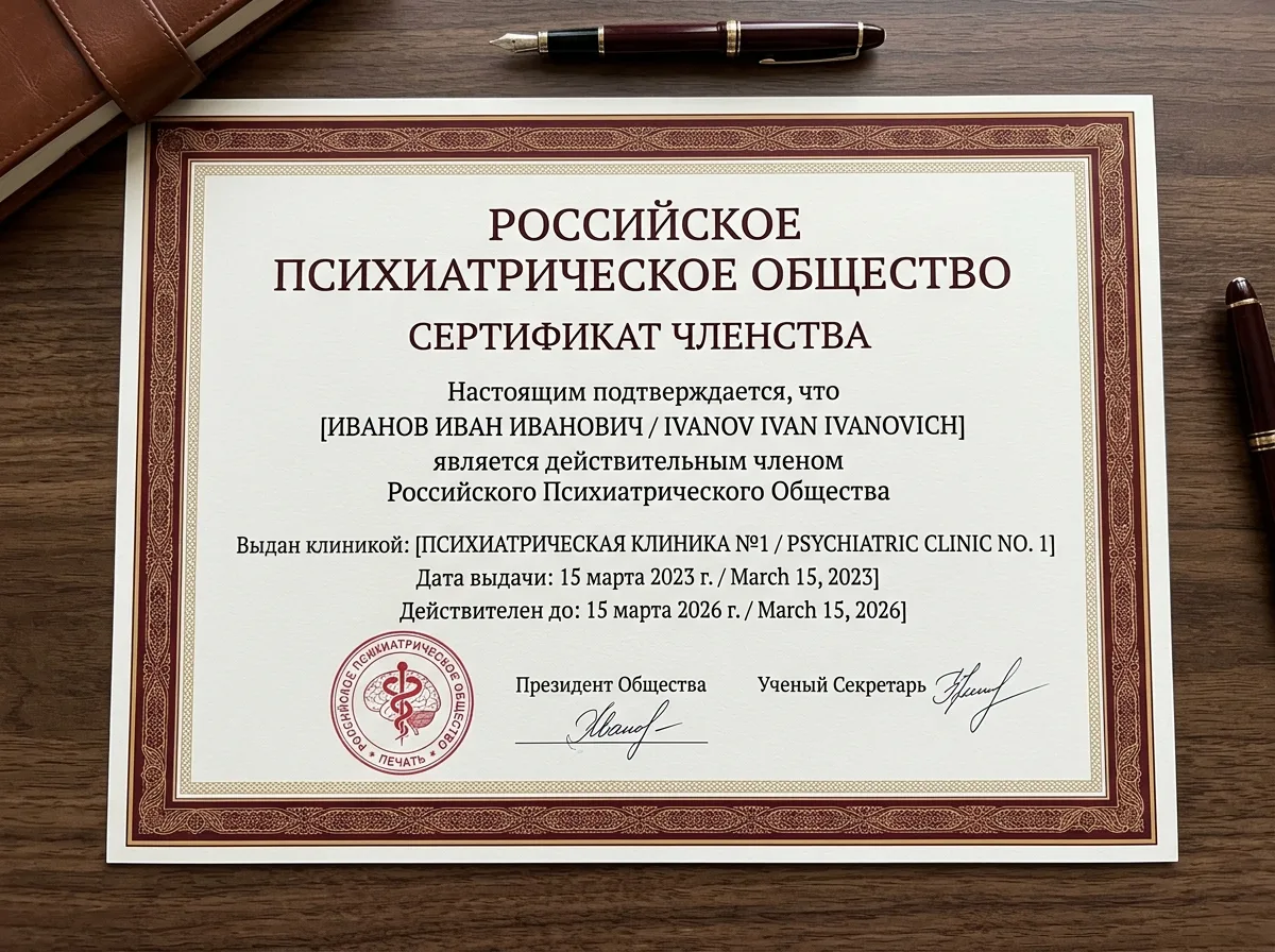 Свидетельство членства в Российском обществе психиатров — официальный документ клиники